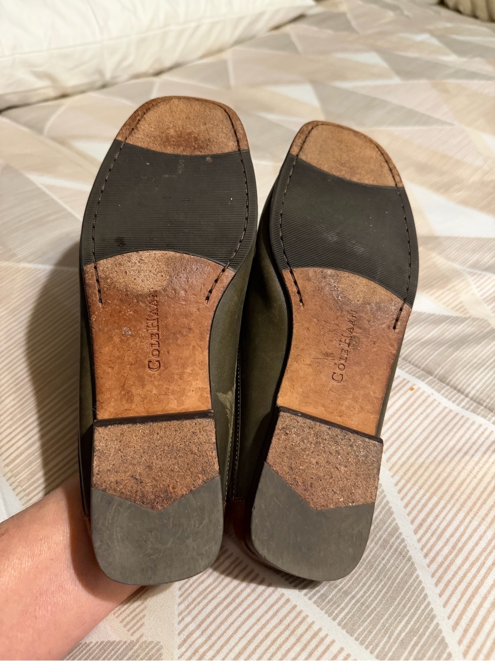 Cole Haan Olive Green Leather Tassel Backless Loafers with Brown/Orange Trim - Picture 7 of 8